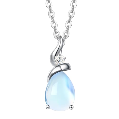FANCIME 14K Solid White Gold Birthstone Pendant Necklace for Women with Diamond Pear Shaped Teardrop Necklace Birthday Gifts for Mom Women,Sterling Silver Chain 16" + 2" Extender - color: 06-Moonstone