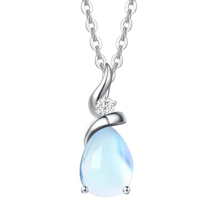 FANCIME 14K Solid White Gold Birthstone Pendant Necklace for Women with Diamond Pear Shaped Teardrop Necklace Birthday Gifts for Mom Women,Sterling Silver Chain 16" + 2" Extender - color: 06-Moonstone