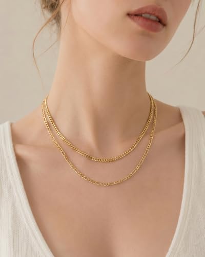 Layered Gold Necklaces for Women14K Gold Planted Non Tarnish | Cuban, Herringbone,Figaro,Paperclip Chain Layering Stack Choker Necklace , Trendy Jewelry Gift for Women - color: A