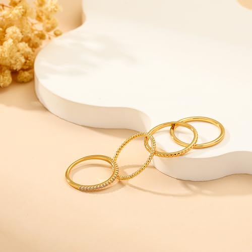 Lunvky Silver Stacking Rings for Women 14K Gold Plated Ring Non Tarnish Thin Trendy Stackable Dainty Cubic Zirconia Finger Pinky Thumb Wedding Band Rings Set Jewelry Gifts Size 5-10 - color: B-Gold, size: 10