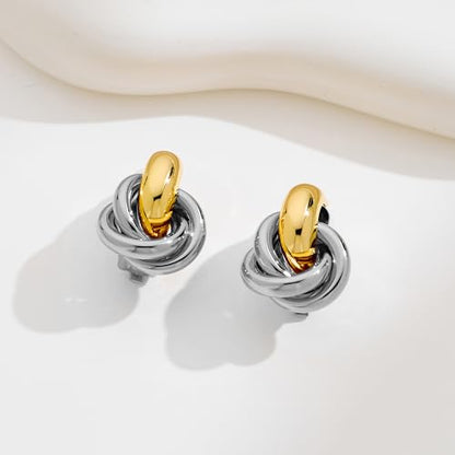 Gold Geometric Clip On Earrings for Women Chunky Gold Knot Link Clip Earrings Trendy Jewelry - color: Two Tone-B
