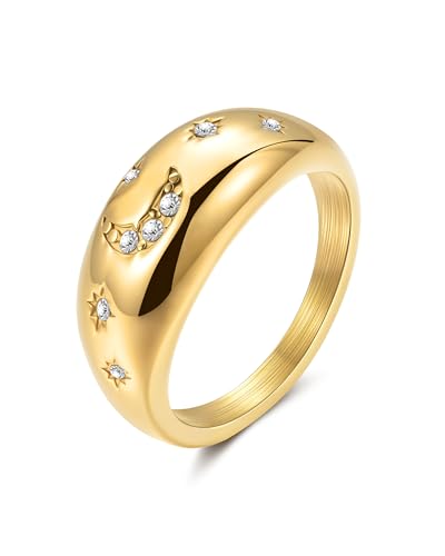 YeGieonr Gold Rings for Women Non Tarnish, 18K Gold Plated Stainless Steel North Star Signet Ring, Waterproof Dainty Pinky Statement Ring, Tarnish Free Gold Jewelry for Women - color: Moon&Star Dome