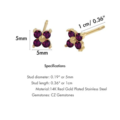 QueenBee 14K Gold Plated Ivy Flower Birthstone Stud Earrings for Women Dainty Floral Gemstone Studs Unique Jewelry Gift for Her - color: Feb-Amethyst