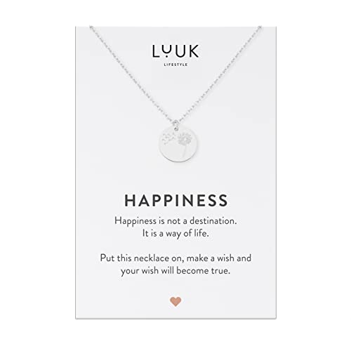 LUUK LIFESTYLE Stainless steel necklace with pendant and HAPPINESS card, 20” adjustable length, lucky charm, friendship chain, Valentine's Day gift, birthday, women's jewelry, silver, gold, rosegold - color: Silver, size: Dandelion