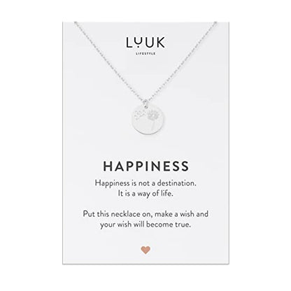 LUUK LIFESTYLE Stainless steel necklace with pendant and HAPPINESS card, 20” adjustable length, lucky charm, friendship chain, Valentine's Day gift, birthday, women's jewelry, silver, gold, rosegold - color: Silver, size: Dandelion