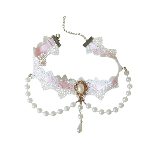 Elegant Gothic Lolita Lace Rose Choker Necklace Vintage Pearl Necklaces Halloween Victorian Lolita Costume Accessories Bridal Wedding - color: A