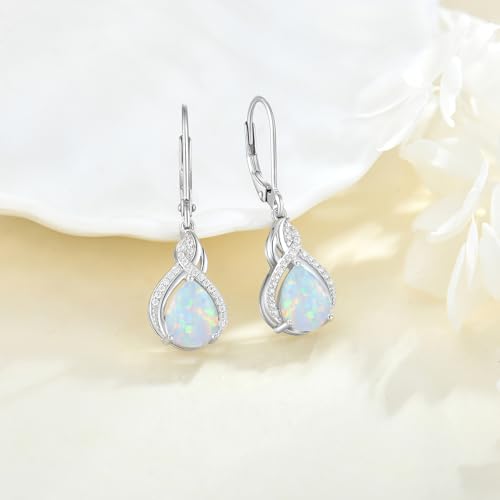 925 Sterling Silver Infinity Teardrop Earrings for Women | Lwsary Dangle Drop Leverback Earrings, Pear Shaped Birthstone Jewelry for Her - color: Milky Rainbow