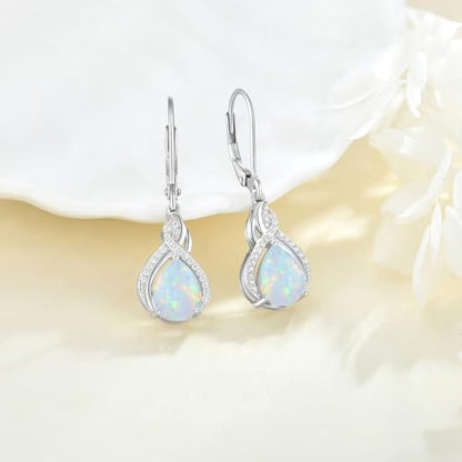 925 Sterling Silver Infinity Teardrop Earrings for Women | Lwsary Dangle Drop Leverback Earrings, Pear Shaped Birthstone Jewelry for Her - color: Milky Rainbow