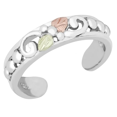 Black Hills Gold Toe Ring Sterling Silver with 12k Green & Rose Gold Grape Leaves Adjustable Vine Scroll Toe Ring, Tri-Color Leaf Summer Foot Jewelry for Women