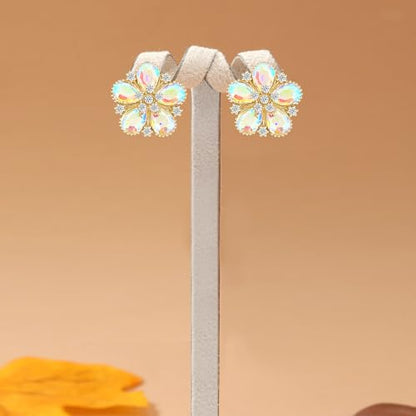 Bohemian Sparkly Crystal Flower Sliver Lightweight Stud Earrings Peach Blossom Rhinestone Floral Dangle Earrings For Women Jewelry Gifts - color: Colorful White
