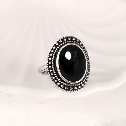 Natural Oval Stone Boho Ring,Retro Antique S925 Sterling Silver Crystal Quartz Gemstone Bohemian Statement Handmade Ring Jewelry for Women Her - color: B05_Black Agate