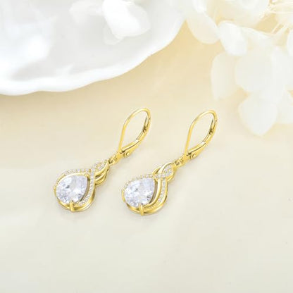925 Sterling Silver Infinity Teardrop Earrings for Women | Lwsary Dangle Drop Leverback Earrings, Pear Shaped Birthstone Jewelry for Her - color: Gold