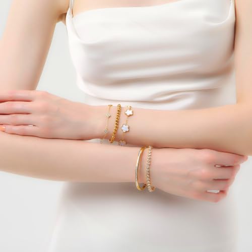 18K Gold Plated Clover Bracelet Set for Women - Four Leaf Lucky Clover Stackable Bracelets, Adjustable Beaded Chain Jewelry, Trendy Birthday Gift for Her
