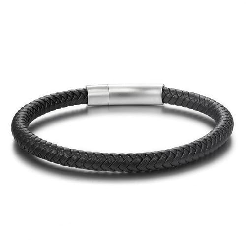 Men's Leather Bracelet, Stackable Stainless Steel Clasp Bracelets for Men Stylish Birthday, Thanksgiving, Valentine's Day Gift for My Man (8.2" Black Leather) | Men's Accessory, Leather Band, Stainless Steel, Wrist Bracelet
