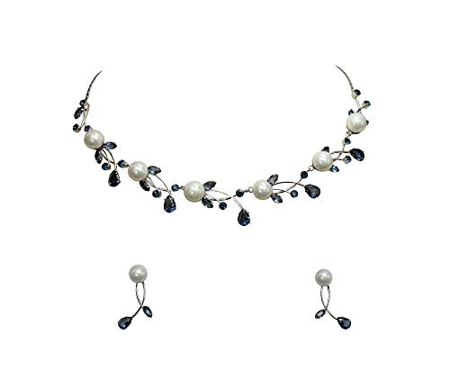 Faship Genuine 10mm Freshwater Pearls Floral Necklace Earrings Set | Premium CZ Crystal, Gorgeous, Sparkling - color: Navy Blue