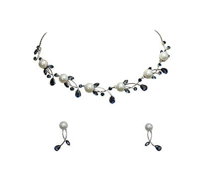 Faship Genuine 10mm Freshwater Pearls Floral Necklace Earrings Set | Premium CZ Crystal, Gorgeous, Sparkling - color: Navy Blue