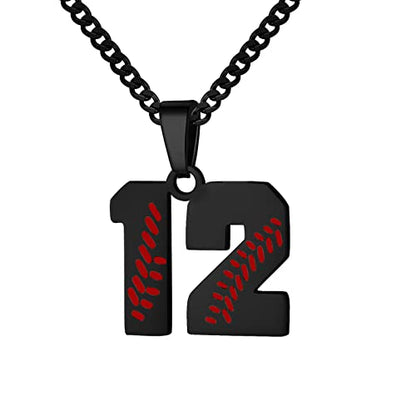 Hatti Doris Baseball Number Necklace for Men 00-99 - Jersey Number Necklace with Stainless Steel Gold Plated Chain & Baseball Charm Pendant - color: Black, style: 12
