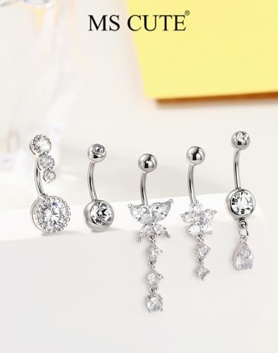5PCS Belly Button Rings for Women Girls, 14G Surgical Steel Navel Rings Set, Gold & Silver CZ Dangle Body Piercing Jewelry - color: Silver-Butterfly