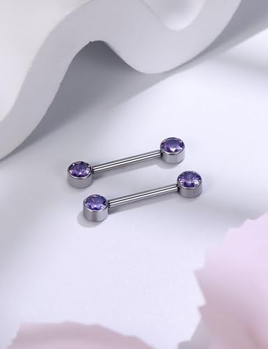 14G ASTM F136 Titanium Nipple Piercing Jewelry Round CZ Nipple Barbell Jewelry Internally Threaded G23 Solid Titanium Nipple Piercing Barbell Ring Jewelry for Women Men 14 Gauge - style: Purple CZ