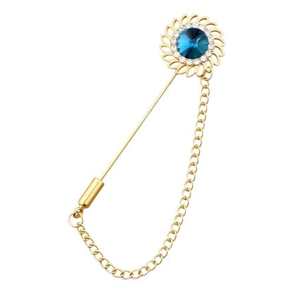 Mens Sunflower Lapel Pin Crystal Rhinestone Brooches for Men Hanging Chain Brooch Suit Pin Flower Lapel Pins for Men Wedding Business Party - color: Peacock Blue