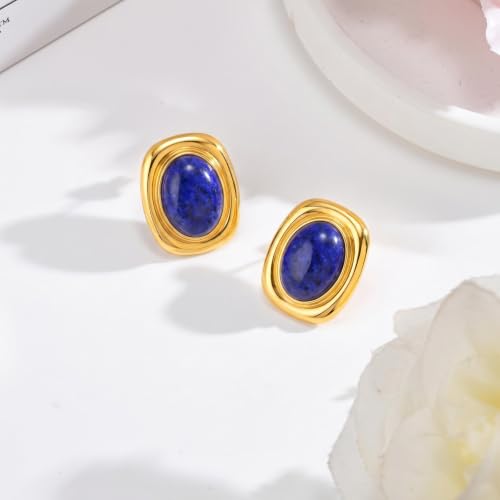 Chunky Gold Stud Earrings for Women 18K Gold Plated Hypoallergenic Chunky Statement Earrings Big Natural Crystal Stone Earring Gift for Women - color: Lapis Lazuli
