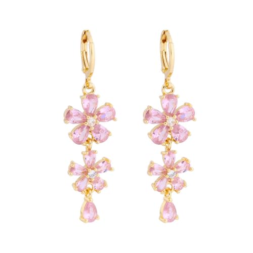 Cute Pink CZ Flower Dangle Drop Hoop Earrings for Women Dainty Elegant Gold Plated Crystal Floral Teardrop Tassel Statement Dangling Hypoallergenic Lightweight Fashion Trendy Jewelry for Her Bff