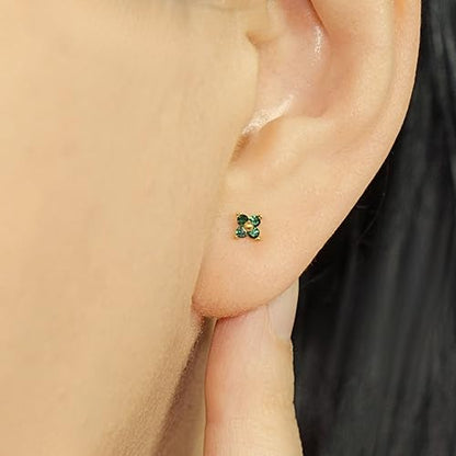 QueenBee 14K Gold Plated Ivy Flower Birthstone Stud Earrings for Women Dainty Floral Gemstone Studs Unique Jewelry Gift for Her - color: May-Emerald