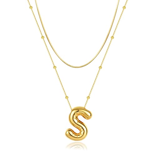 LUCA SMITH 2-Piece Initial Necklaces for Women, Dainty Balloon Bubble A-Z Letter Necklace Set, Name Letter Alphabet Pendant Layered Choker Necklaces Personalized Jewelry Gift - color: Gold bubble letter necklace, style: Initial Set-S
