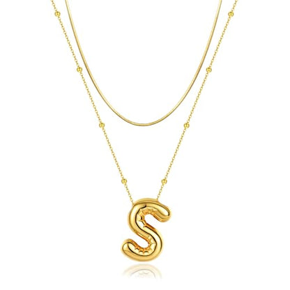 LUCA SMITH 2-Piece Initial Necklaces for Women, Dainty Balloon Bubble A-Z Letter Necklace Set, Name Letter Alphabet Pendant Layered Choker Necklaces Personalized Jewelry Gift - color: Gold bubble letter necklace, style: Initial Set-S