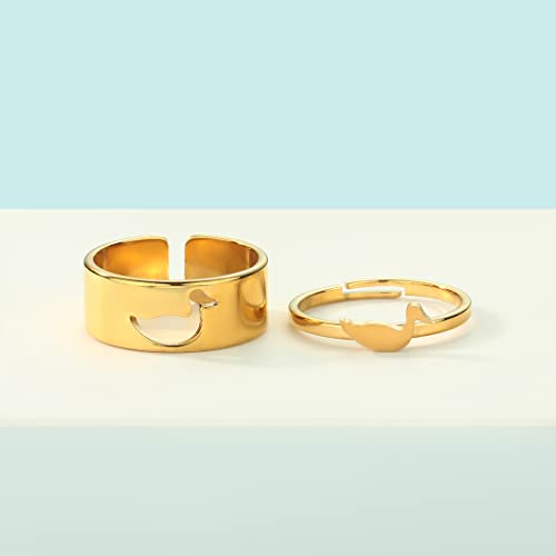 2PCS Matching Cute Animals Promise Engagement Rings for Couples Men Women Jewelry Band Sets 316L Stainless Steel Adjustable Open Ring - color: Duck-g