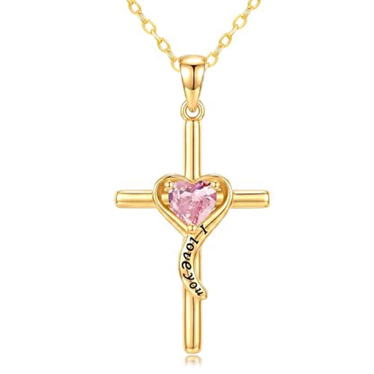 14K Gold Cross Necklace for Women Dainty Birthstone Pendant | Heart I Love You Romantic Jewelry Anniversary Christian Religious Baptism Birthday Gifts with 18"+2" Adjustable Chain - color: 14K Gold-10-Oct Birthstone