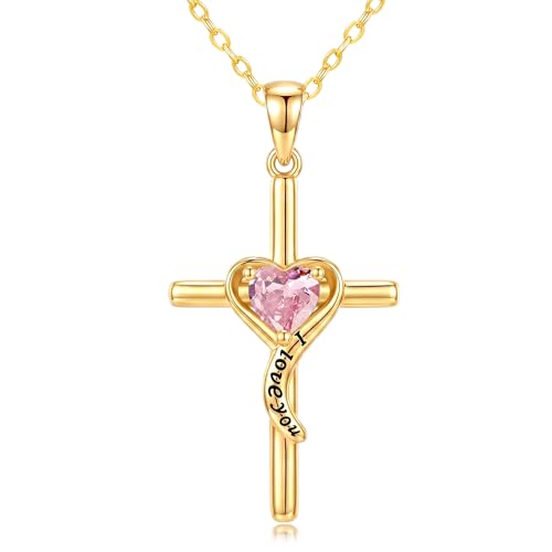 14K Gold Cross Necklace for Women Dainty Birthstone Pendant | Heart I Love You Romantic Jewelry Anniversary Christian Religious Baptism Birthday Gifts with 18"+2" Adjustable Chain - color: 14K Gold-10-Oct Birthstone