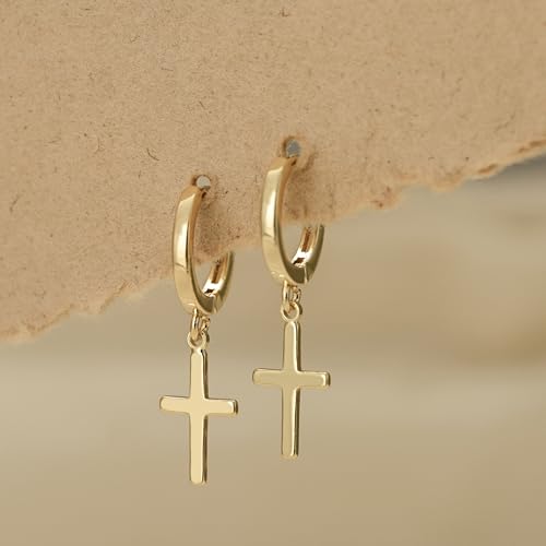 Earrings for Women 14K Gold Plated Huggie Hoop Dangle | Charm Drop,Dainty,Small,Simple,Lightweight,Hypoallergenic,Trendy,Everyday Jewelry,Gift - color: 06. Cross