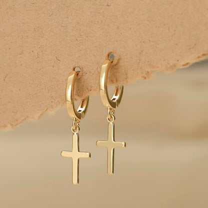Earrings for Women 14K Gold Plated Huggie Hoop Dangle | Charm Drop,Dainty,Small,Simple,Lightweight,Hypoallergenic,Trendy,Everyday Jewelry,Gift - color: 06. Cross