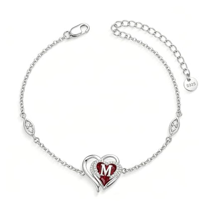 Initial Bracelet for Women 925 Sterling Silver Heart Angel Wings Initial Bracelet Anniversary Birthday Mothers Day Jewelry for Mom Her Wife - color: M