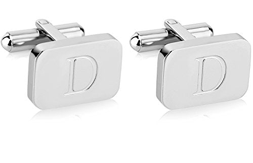 18K White-Gold Plated Initial Engraved Stainless Steel Men’s Cufflinks With Gift Box -Personalized Alphabet Letter’s A-Z By Lux & Pair - style: D- White Gold