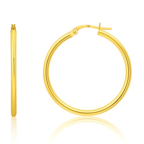 10k or 14k Gold Hoop Earrings for Women | Hypoallergenic Small to Large 12MM to 50MM Hoop Earrings with Secure Click Tops | Yellow or White Gold Classic Hoops in 2MM Thick Tube by MAX + STONE - color: 14K Yellow Gold, size: 30mm | 1.2 inches Diameter