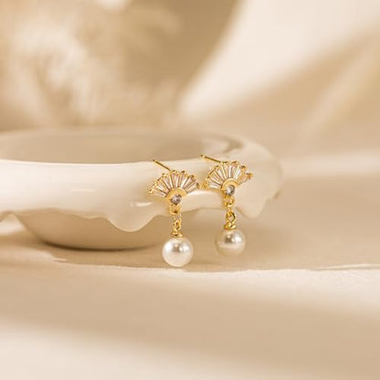Plenky Pearl Earrings-14K Gold Plated Dainty Pearl Drop Simple Wedding CZ Dangle Dangling Cute Stud Earrings for Brides Earrings for Women Gifts - style: Fan-Shaped Zirconia Pearl Earrings
