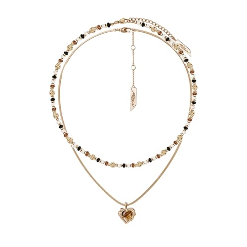Retro temperament brown beaded collarbone chain fashionable heart-shaped tiger eye stone pendant necklace personality double layer necklace exquisite women's accessories M2730001