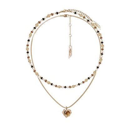 Retro temperament brown beaded collarbone chain fashionable heart-shaped tiger eye stone pendant necklace personality double layer necklace exquisite women's accessories M2730001