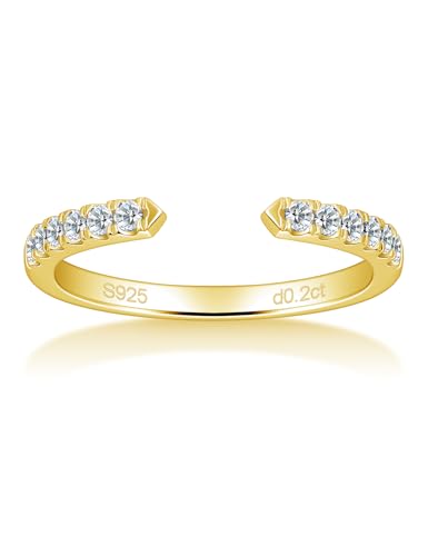 Moissanite Open Ring Adjustable Stackable Engagement Anniversary Jewelry | Half Eternity Wedding Band, White Gold Plated Dainty, 925 Sterling Silver Rings for Women - color: Gold