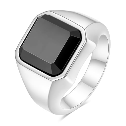 VQYSKO 14K Gold Plated Square Signet Ring | Stainless Steel Band for Men - color: Silver+Black