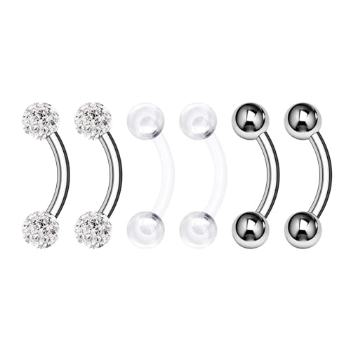 Surgical Steel Curved Barbell Ring 16g 5/16 8mm 3mm Ferido Ball Helix Earring Eyebrow Piercing Jewelry Choose Colors and Size - color: M-6pcs-Clear-16g-5/16"(8mm)-3mmBall