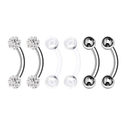 Surgical Steel Curved Barbell Ring 16g 5/16 8mm 3mm Ferido Ball Helix Earring Eyebrow Piercing Jewelry Choose Colors and Size - color: M-6pcs-Clear-16g-5/16"(8mm)-3mmBall