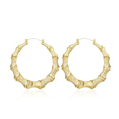 18K Gold Plated Bamboo Hoop Earrings for Women – Large Round Heart Design, 80/90s Ghetto Door Knocker Style, Trendy Hip Hop Jewelry Accessories - color: Gold Hoop 45mm