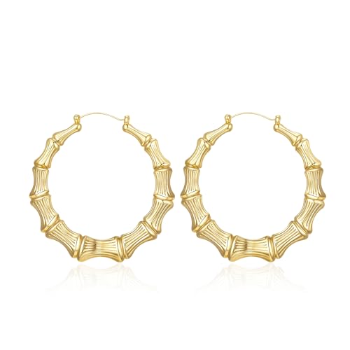 18K Gold Plated Bamboo Hoop Earrings for Women – Large Round Heart Design, 80/90s Ghetto Door Knocker Style, Trendy Hip Hop Jewelry Accessories - color: Gold Hoop 70mm