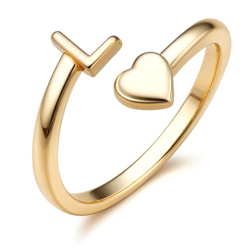 FUNRUN JEWELRY Gold Initial Ring for Women Non Tarnish 14K Gold Plated | Adjustable Letter Rings A-Z Dainty Heart Alphabet Stackable Band Rings Trendy Capital Letter Pinky Knuckle Thumb Ring - style: L Initial Ring