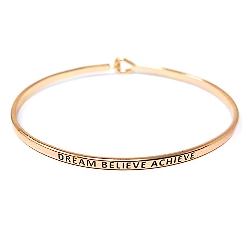 by you Inspirational Positive Message Engraved Thin Cuff Bangle Hook Bracelet - color: Dream Believe Achieve-Rosegold