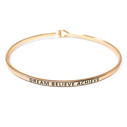 by you Inspirational Positive Message Engraved Thin Cuff Bangle Hook Bracelet - color: Dream Believe Achieve-Rosegold