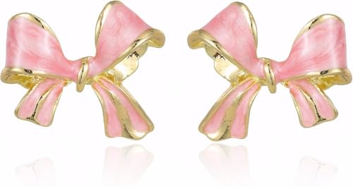 Gold Bow Earrings for Women, Long Tassel Chain Drop Earrings, Trendy Small Bow Earrings, Ribbon Waterfall Dangling Earrings, Pearl Bow Earrings, Sparkly Elegant Bowknot Preppy Jewelry Gifts for Women - color: Pink3-R